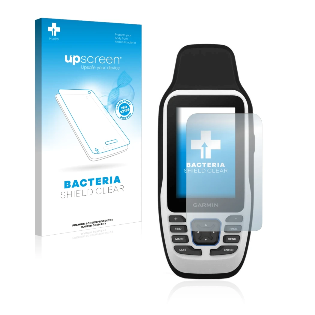 Parte frontal de un envase de producto con el logotipo de la marca upscreen. Al lado se muestra el dispositivo Garmin GPSMAP 7