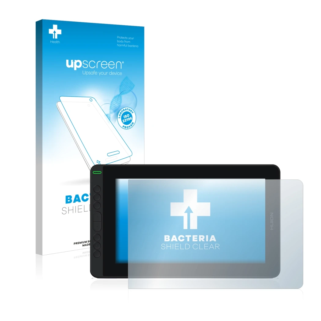 Parte frontal de un envase de producto con el logotipo de la marca upscreen. Al lado se muestra el dispositivo Huion Kamvas 12
