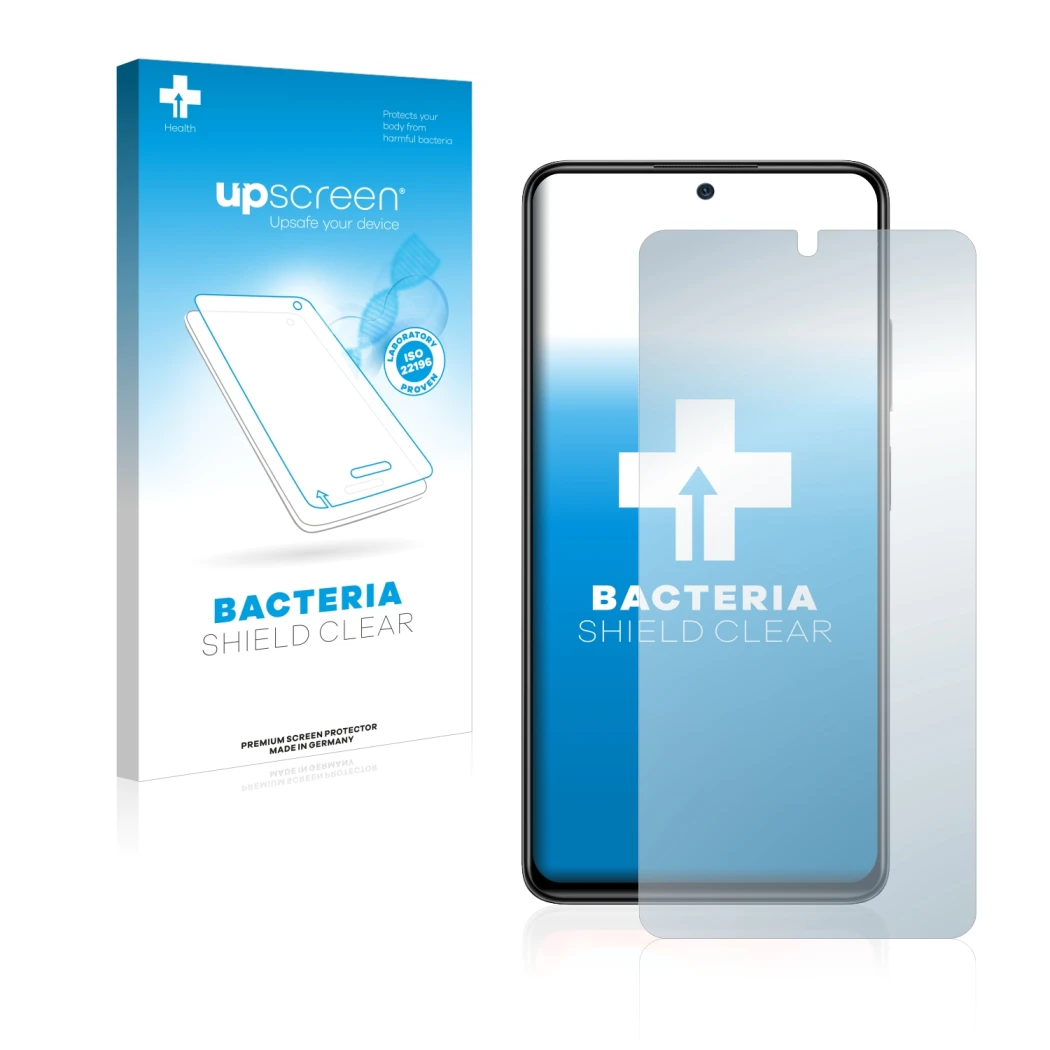 Parte frontal de un envase de producto con el logotipo de la marca upscreen. Al lado se muestra el dispositivo Xiaomi Redmi No