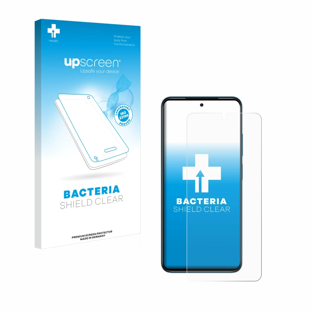 Parte frontal de un envase de producto con el logotipo de la marca upscreen. Al lado se muestra el dispositivo Xiaomi Redmi No