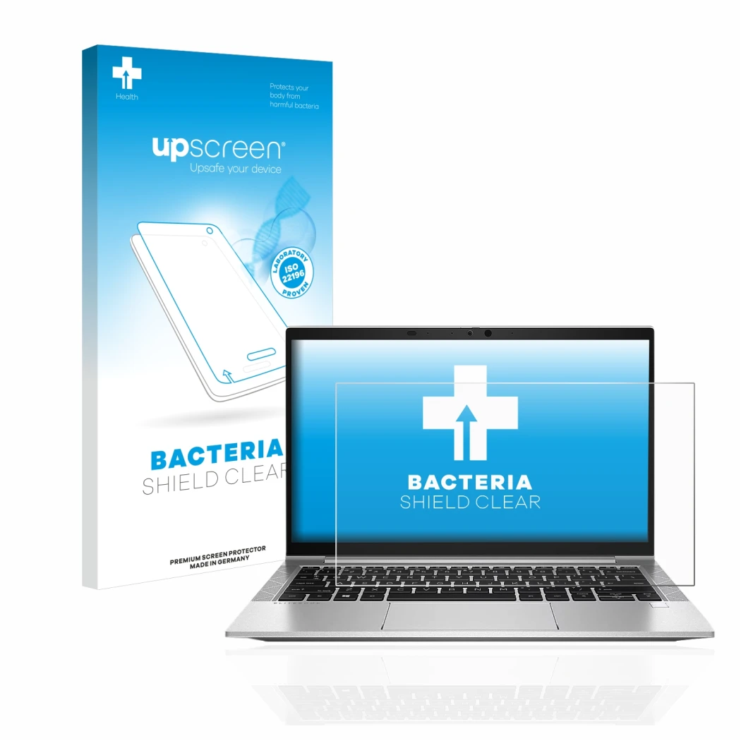 Parte frontal de un envase de producto con el logotipo de la marca upscreen. Al lado se muestra el dispositivo HP EliteBook 83