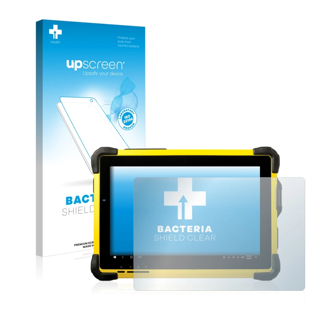 Parte frontal de un envase de producto con el logotipo de la marca upscreen. Al lado se muestra el dispositivo Trimble T10 con