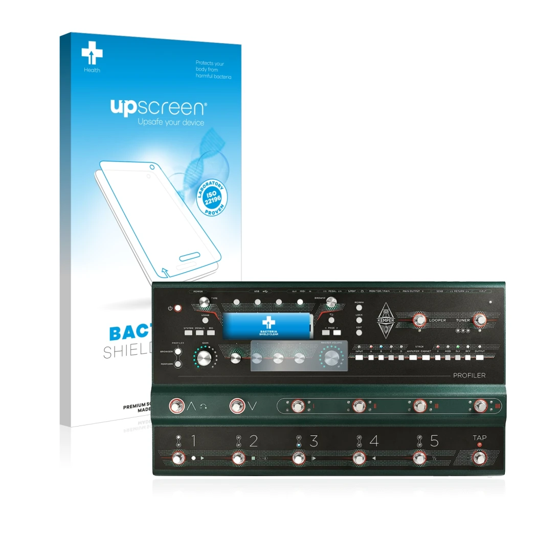 Parte frontal de un envase de producto con el logotipo de la marca upscreen. Al lado se muestra el dispositivo Kemper Profiler
