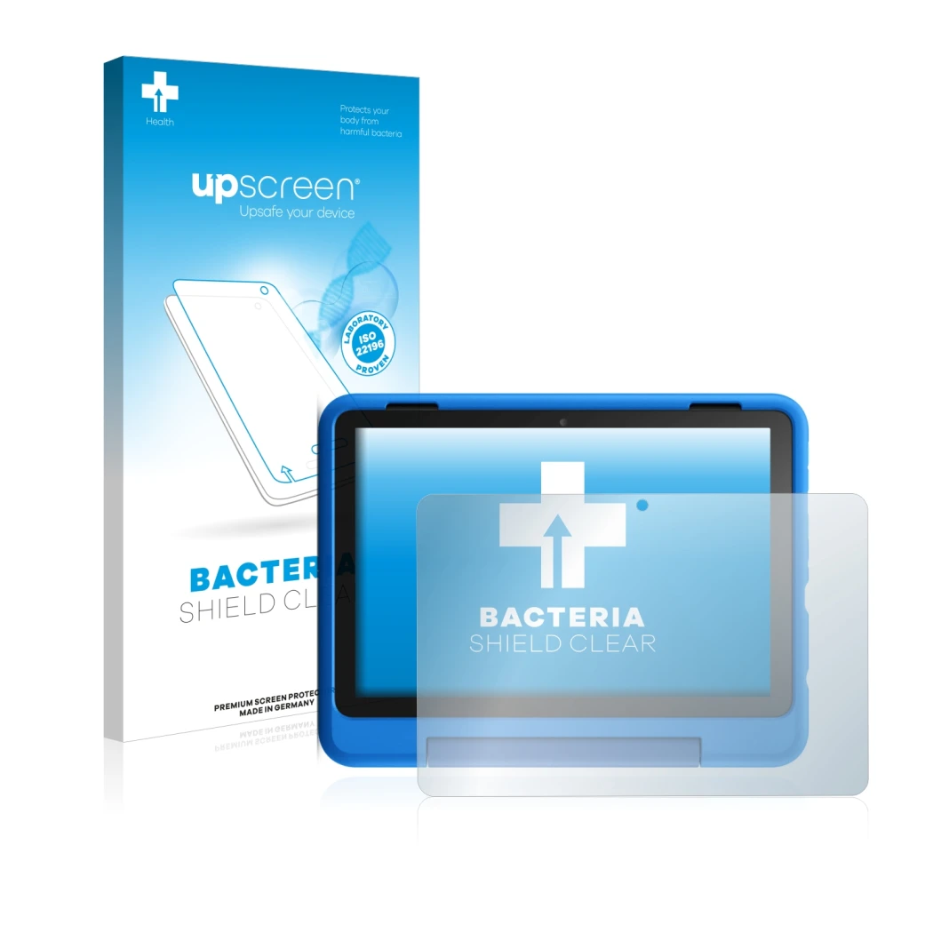 Parte frontal de un envase de producto con el logotipo de la marca upscreen. Al lado se muestra el dispositivo Amazon Fire HD 