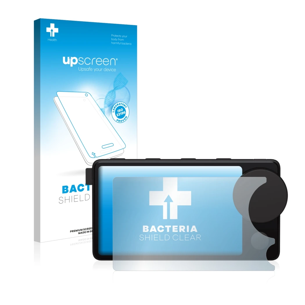 Parte frontal de un envase de producto con el logotipo de la marca upscreen. Al lado se muestra el dispositivo Spotify Car Thi