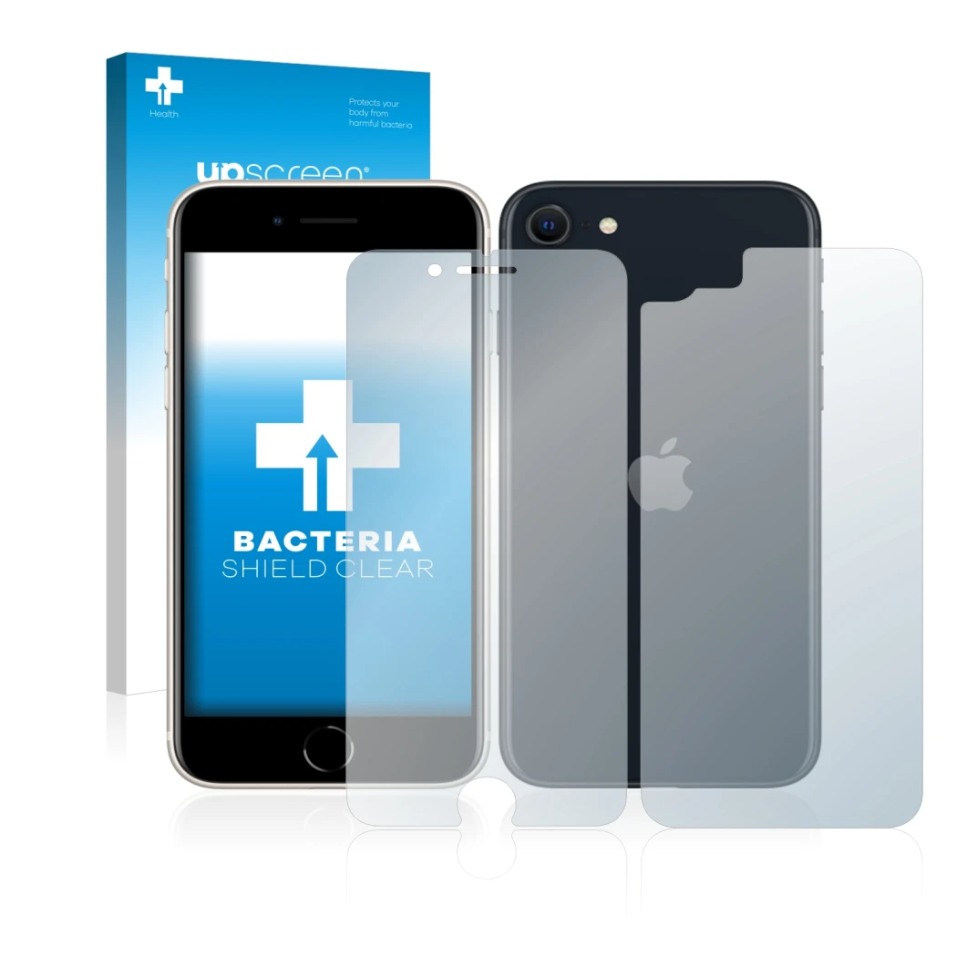 Parte frontal de un envase de producto con el logotipo de la marca upscreen. Al lado se muestra el dispositivo Apple iPhone SE