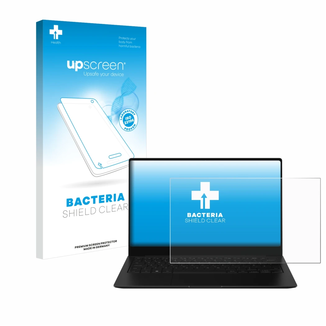 Parte frontal de un envase de producto con el logotipo de la marca upscreen. Al lado se muestra el dispositivo Samsung Galaxy 