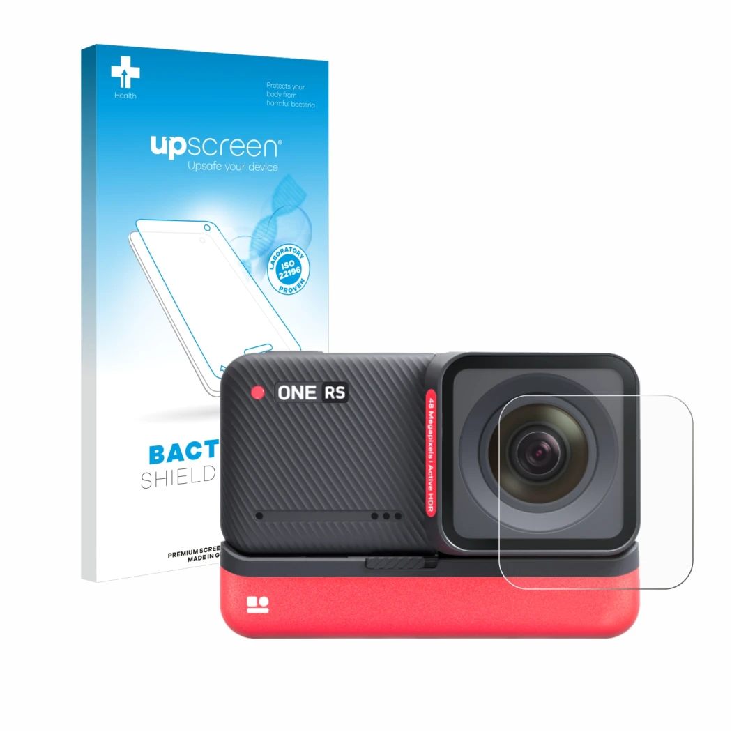 Parte frontal de un envase de producto con el logotipo de la marca upscreen. Al lado se muestra el dispositivo Insta360 One RS