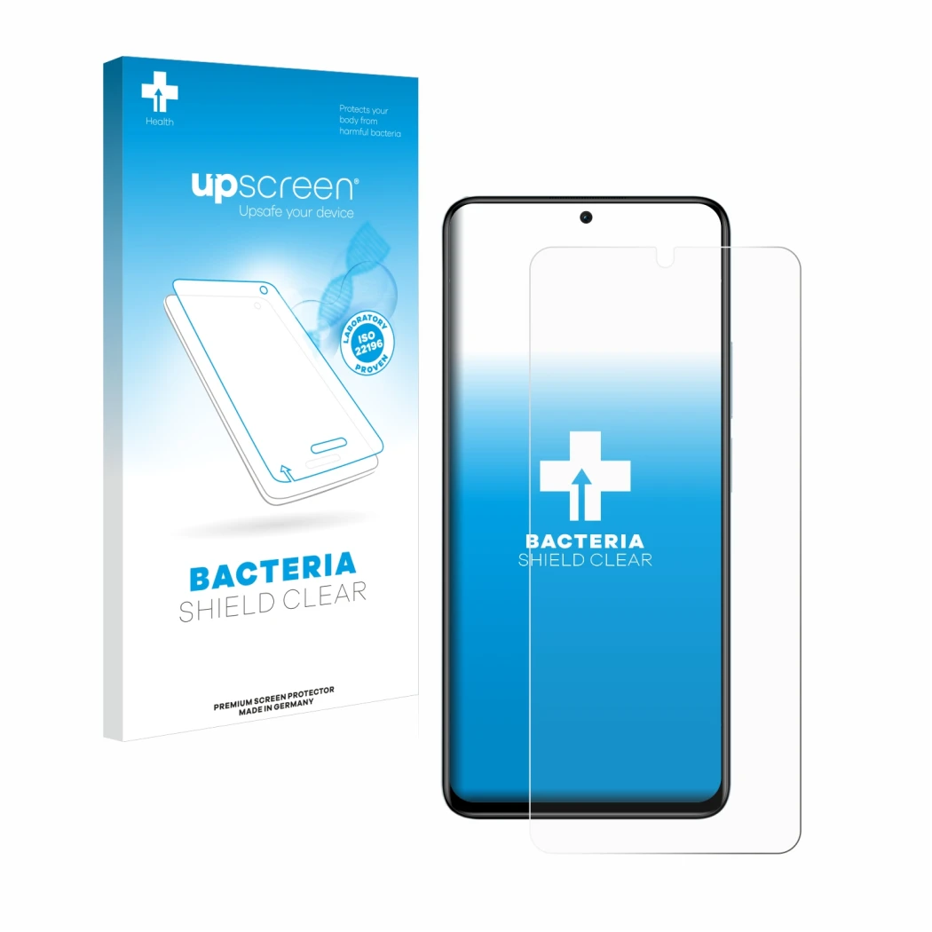 Parte frontal de un envase de producto con el logotipo de la marca upscreen. Al lado se muestra el dispositivo Xiaomi Redmi No