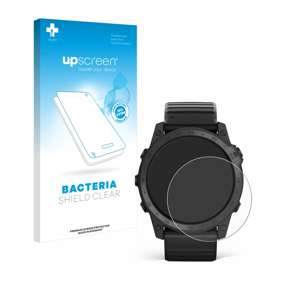 Parte frontal de un envase de producto con el logotipo de la marca upscreen. Al lado se muestra el dispositivo Garmin Tactix 7