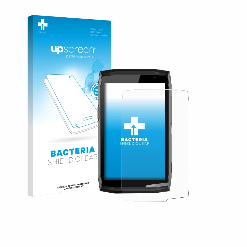 Parte frontal de un envase de producto con el logotipo de la marca upscreen. Al lado se muestra el dispositivo Crosscall Core