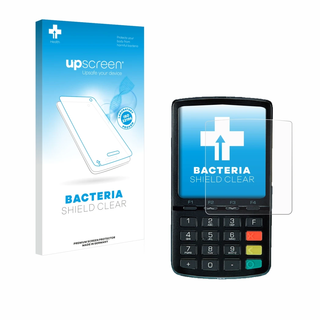 Parte frontal de un envase de producto con el logotipo de la marca upscreen. Al lado se muestra el dispositivo ingenico Link/2