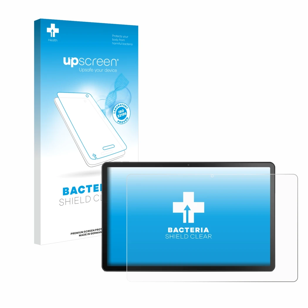 Parte frontal de un envase de producto con el logotipo de la marca upscreen. Al lado se muestra el dispositivo Lenovo Tab M10