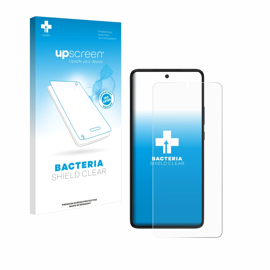 Parte frontal de un envase de producto con el logotipo de la marca upscreen. Al lado se muestra el dispositivo Motorola Edge 3