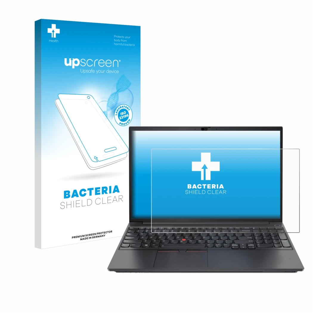 Parte frontal de un envase de producto con el logotipo de la marca upscreen. Al lado se muestra el dispositivo Lenovo ThinkPad
