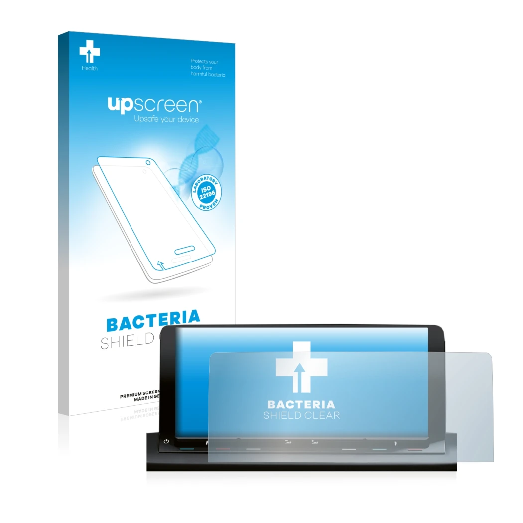 Parte frontal de un envase de producto con el logotipo de la marca upscreen. Al lado se muestra el dispositivo Volkswagen Cadd