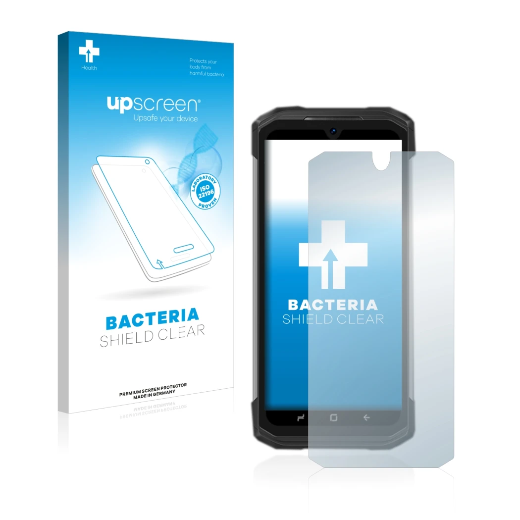 Parte frontal de un envase de producto con el logotipo de la marca upscreen. Al lado se muestra el dispositivo Doogee S98 Pro 