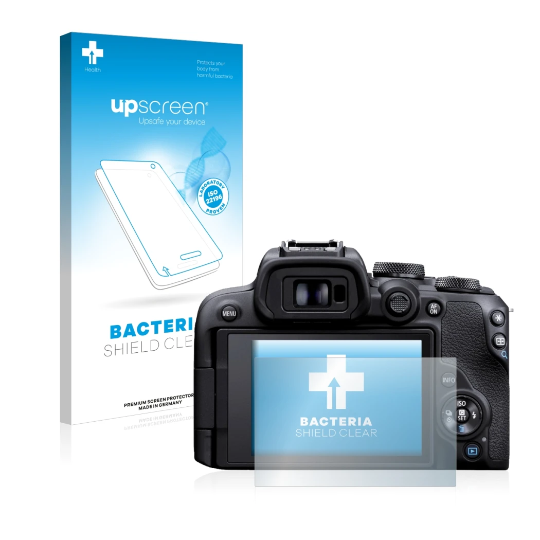 Parte frontal de un envase de producto con el logotipo de la marca upscreen. Al lado se muestra el dispositivo Canon EOS R10 c
