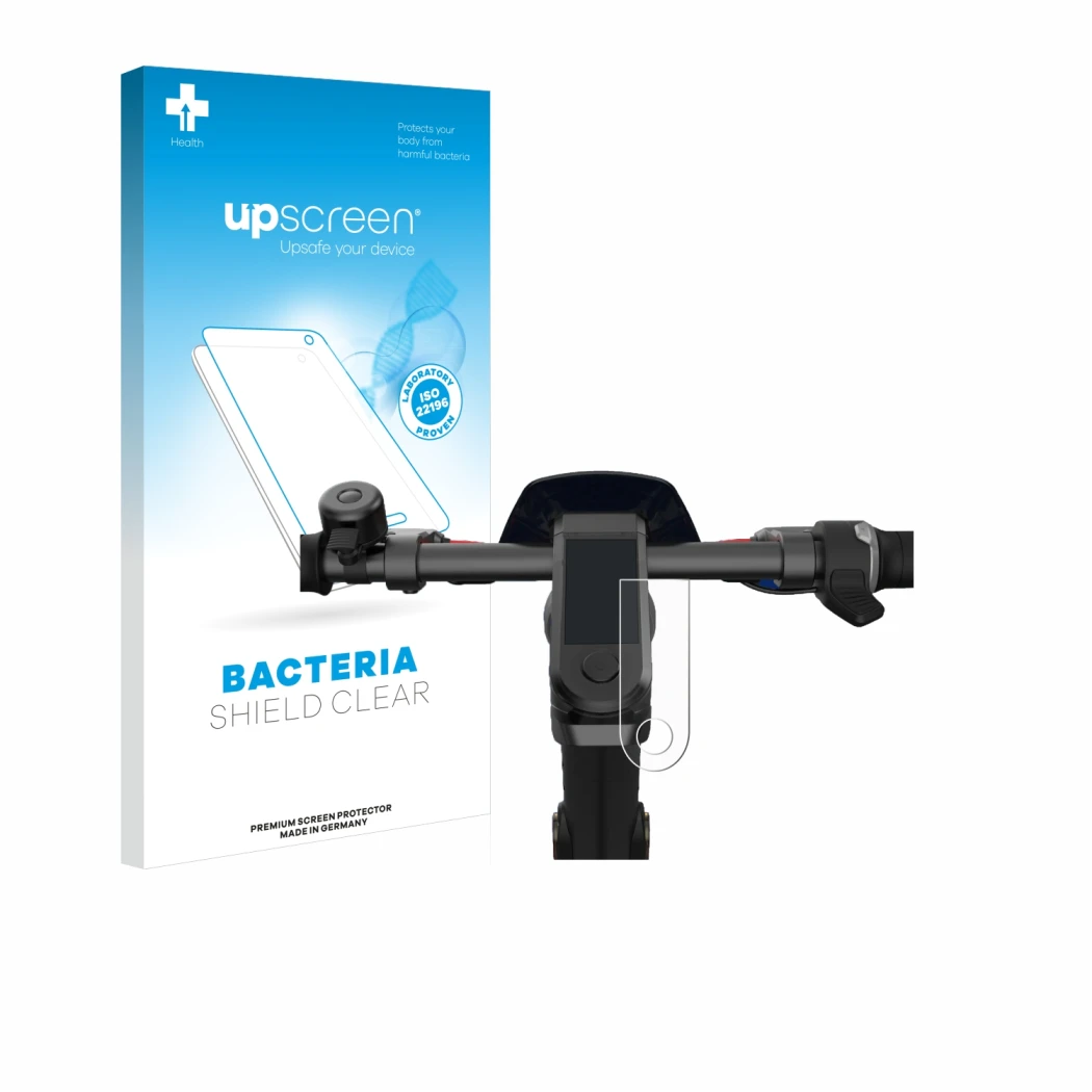 Parte frontal de un envase de producto con el logotipo de la marca upscreen. Al lado se muestra el dispositivo NIU KQi3 Pro co