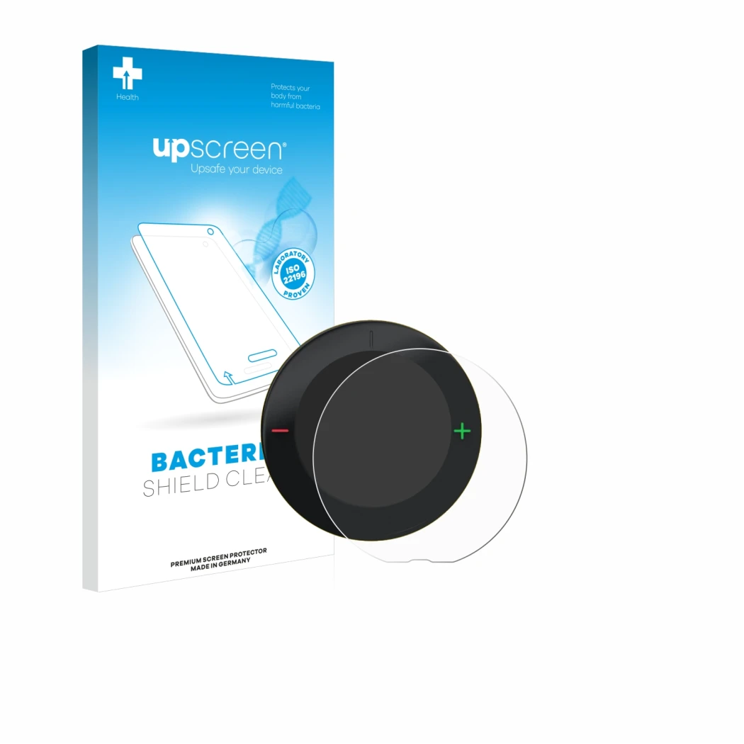Parte frontal de un envase de producto con el logotipo de la marca upscreen. Al lado se muestra el dispositivo Beeline Velo 2 