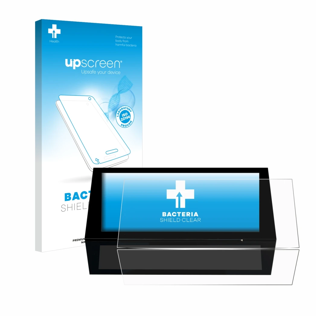 Parte frontal de un envase de producto con el logotipo de la marca upscreen. Al lado se muestra el dispositivo Peugeot 308 202