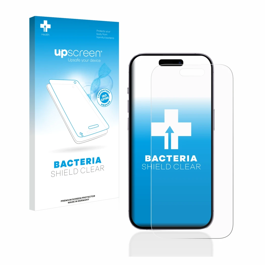 Parte frontal de un envase de producto con el logotipo de la marca upscreen. Al lado se muestra el dispositivo Apple iPhone 14