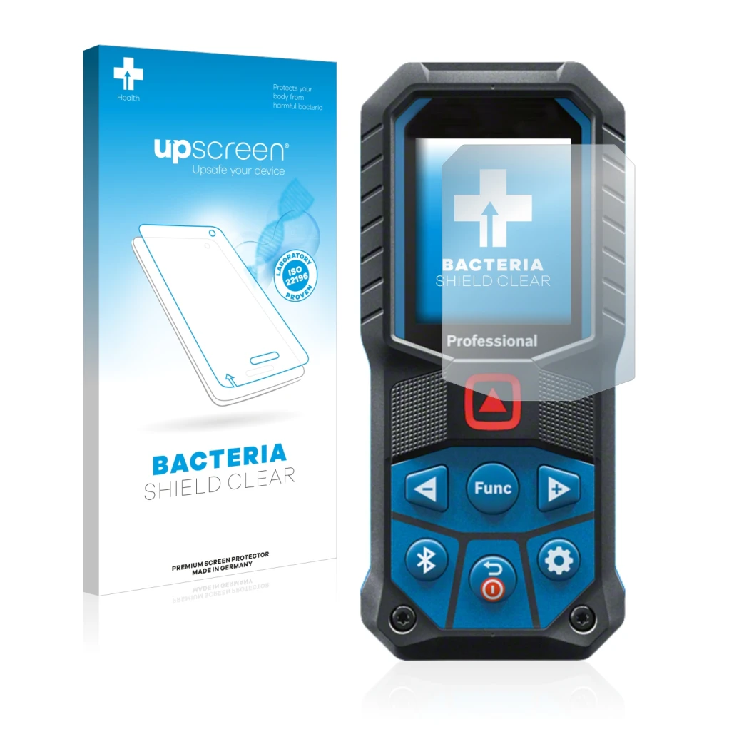 Parte frontal de un envase de producto con el logotipo de la marca upscreen. Al lado se muestra el dispositivo Bosch GLM 50-27