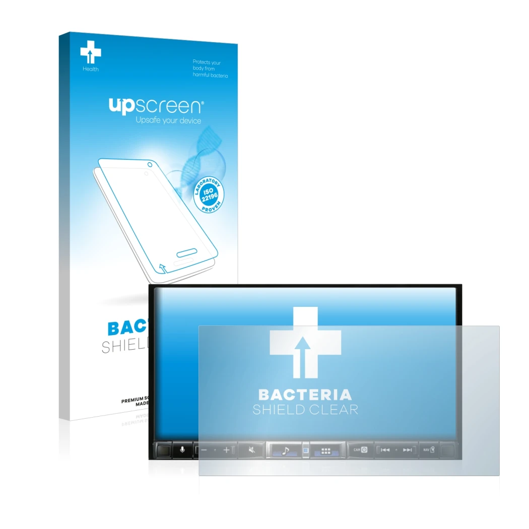 Parte frontal de un envase de producto con el logotipo de la marca upscreen. Al lado se muestra el dispositivo Alpine iLX-705D