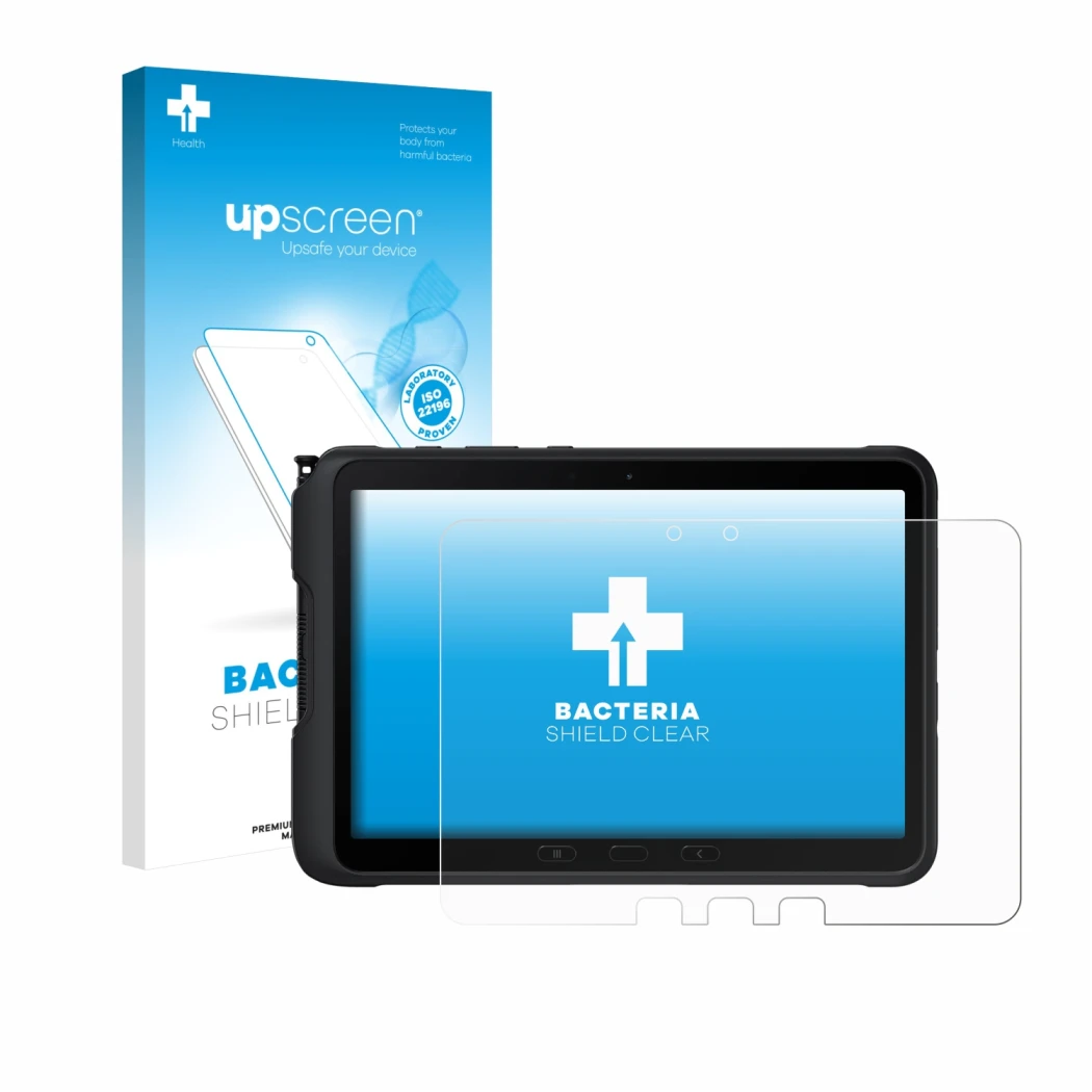 Parte frontal de un envase de producto con el logotipo de la marca upscreen. Al lado se muestra el dispositivo Samsung Galaxy 