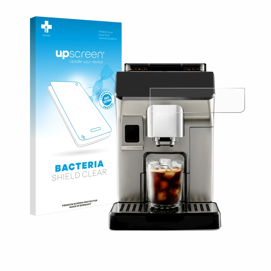 Parte frontal de un envase de producto con el logotipo de la marca upscreen. Al lado se muestra el dispositivo DeLonghi Eletta