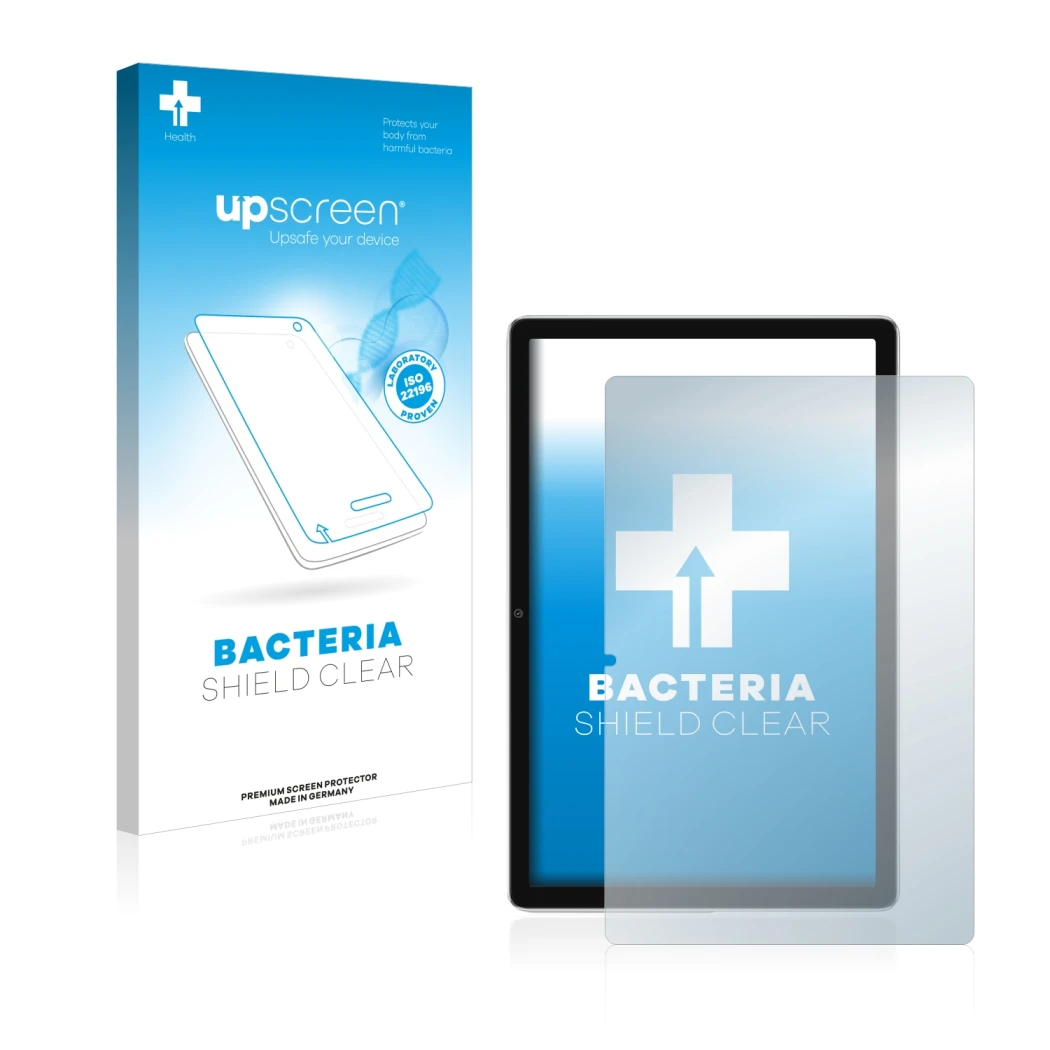 Parte frontal de un envase de producto con el logotipo de la marca upscreen. Al lado se muestra el dispositivo Blackview Tab 1