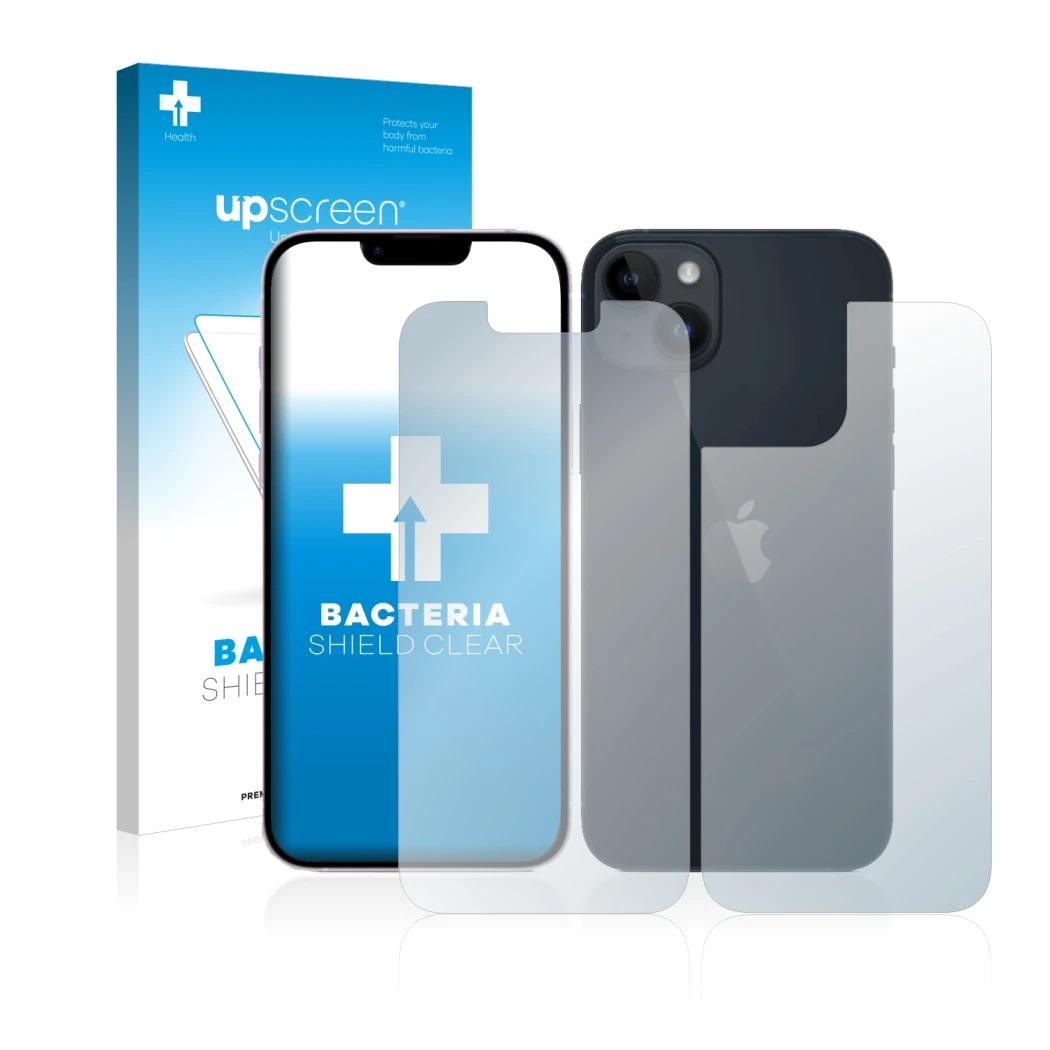 Parte frontal de un envase de producto con el logotipo de la marca upscreen. Al lado se muestra el dispositivo Apple iPhone 14