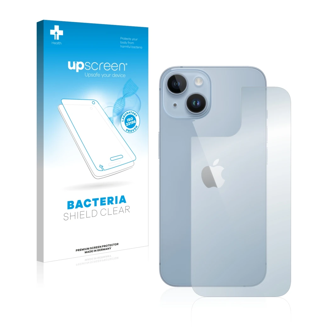 Parte frontal de un envase de producto con el logotipo de la marca upscreen. Al lado se muestra el dispositivo Apple iPhone 14