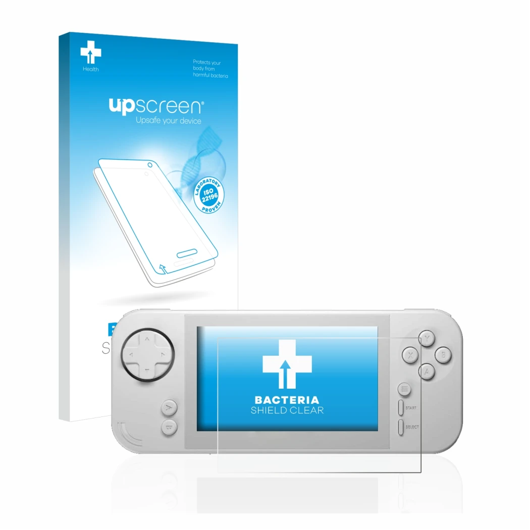 Parte frontal de un envase de producto con el logotipo de la marca upscreen. Al lado se muestra el dispositivo Evercade EXP co