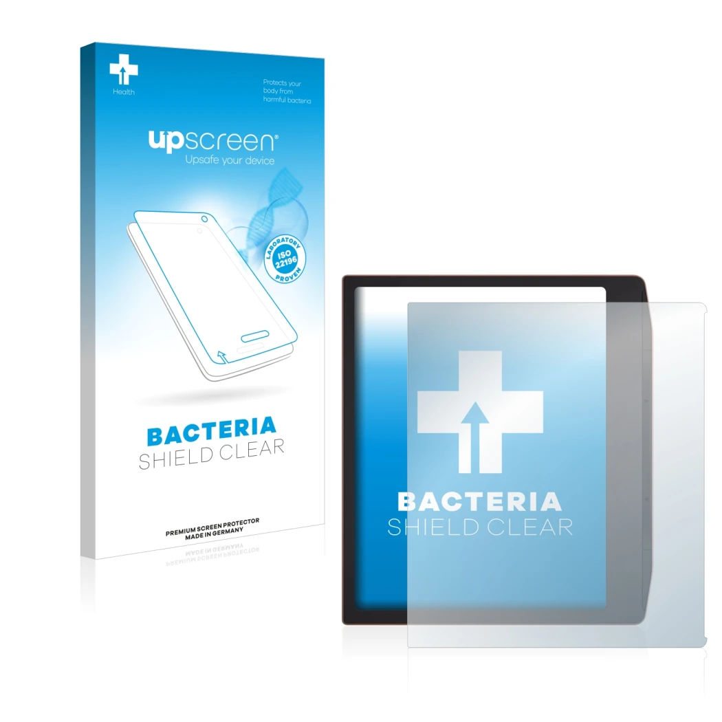 Parte frontal de un envase de producto con el logotipo de la marca upscreen. Al lado se muestra el dispositivo PocketBook Era