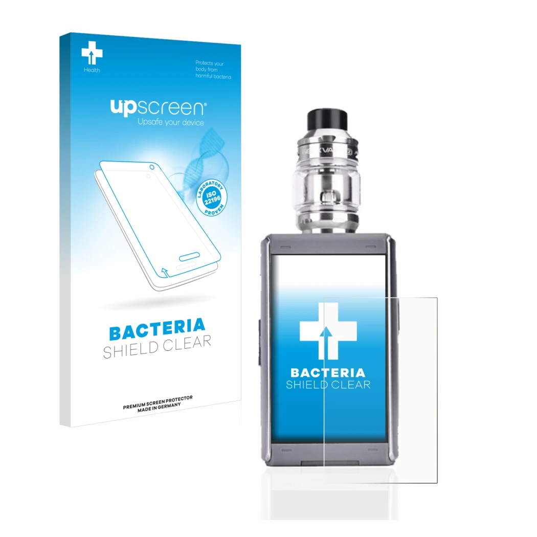 Parte frontal de un envase de producto con el logotipo de la marca upscreen. Al lado se muestra el dispositivo GeekVape T200 c