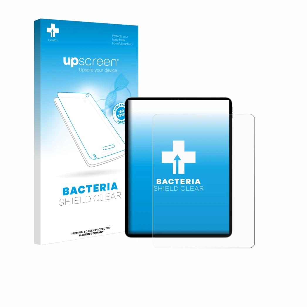 Parte frontal de un envase de producto con el logotipo de la marca upscreen. Al lado se muestra el dispositivo Apple iPad Pro 