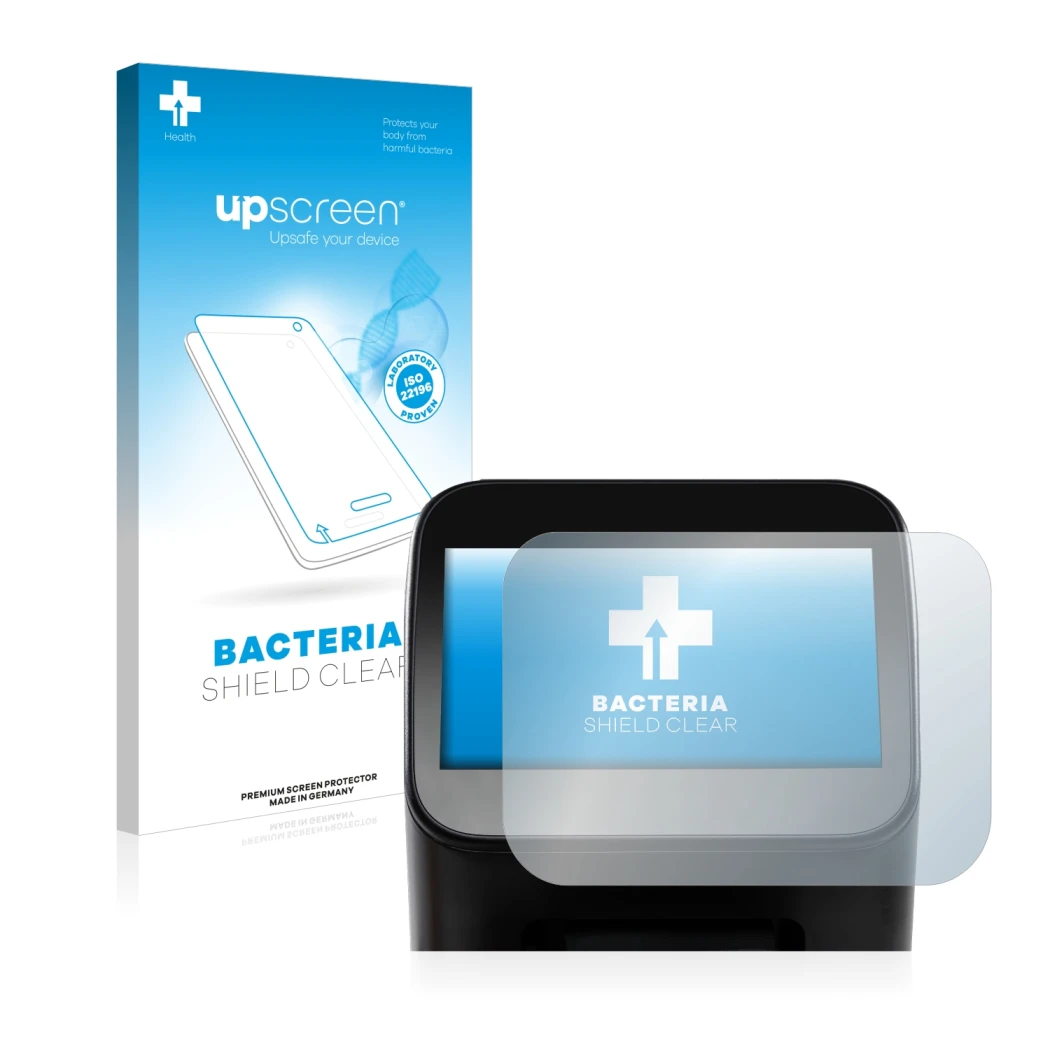Parte frontal de un envase de producto con el logotipo de la marca upscreen. Al lado se muestra el dispositivo Shaper Origin G