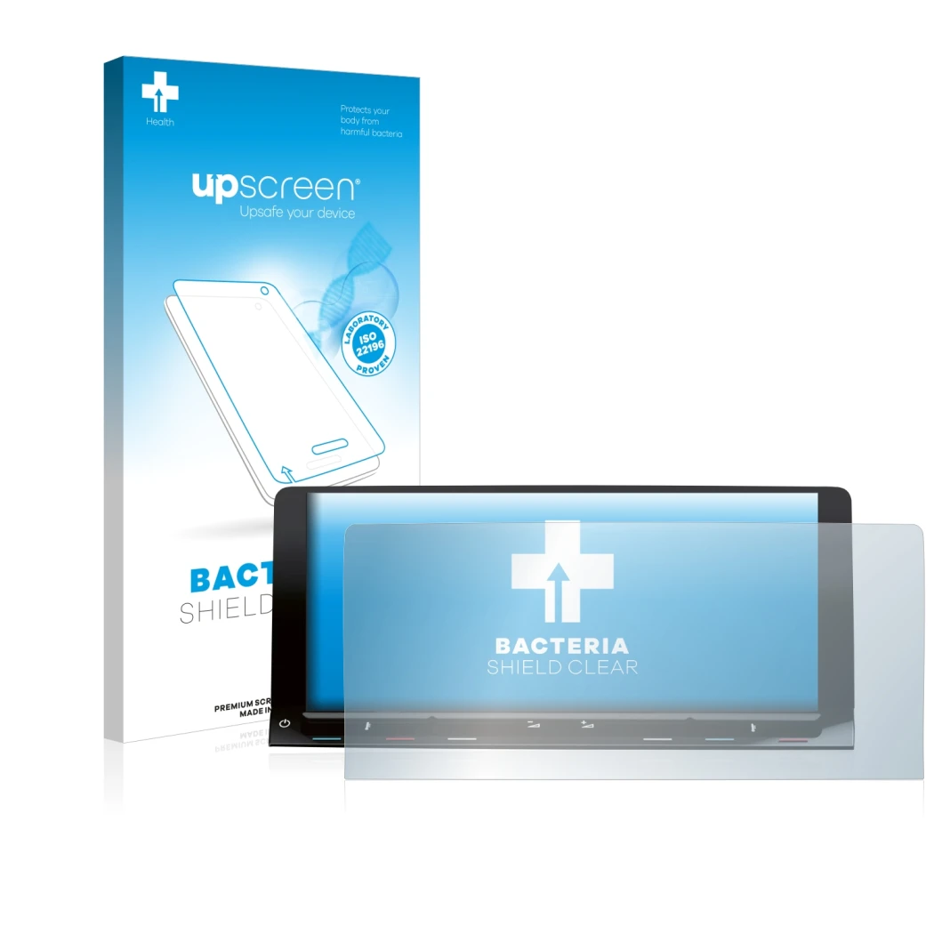 Parte frontal de un envase de producto con el logotipo de la marca upscreen. Al lado se muestra el dispositivo Volkswagen T7 M