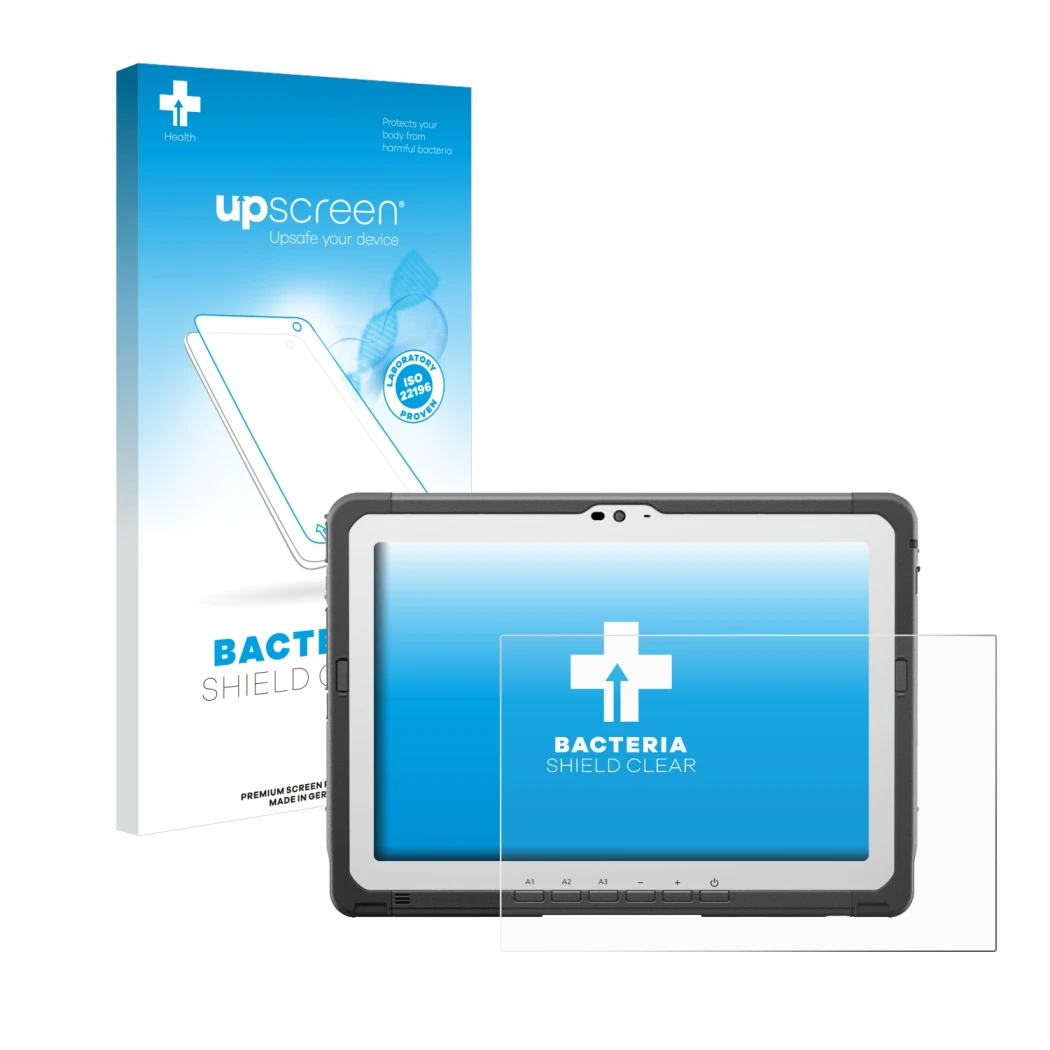 Parte frontal de un envase de producto con el logotipo de la marca upscreen. Al lado se muestra el dispositivo Panasonic Tough