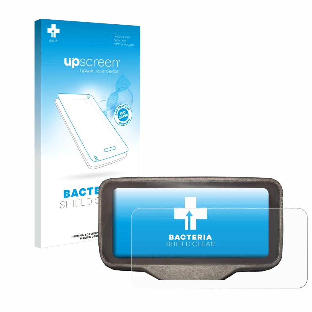 Parte frontal de un envase de producto con el logotipo de la marca upscreen. Al lado se muestra el dispositivo Horwin SK3 con 