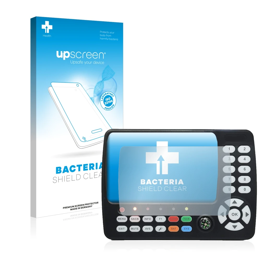 Parte frontal de un envase de producto con el logotipo de la marca upscreen. Al lado se muestra el dispositivo Satlink ST-5150
