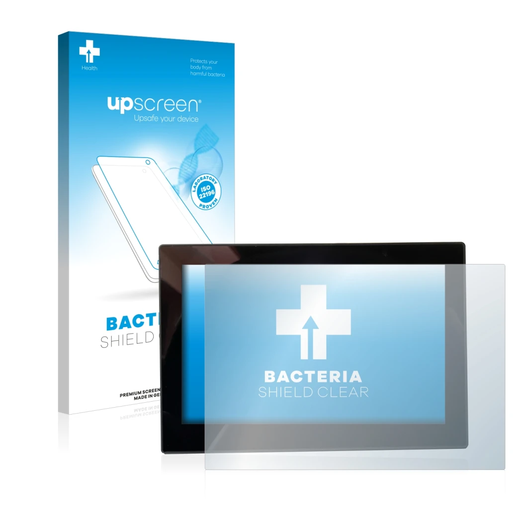 Parte frontal de un envase de producto con el logotipo de la marca upscreen. Al lado se muestra el dispositivo MG 4 7-Zoll Dig