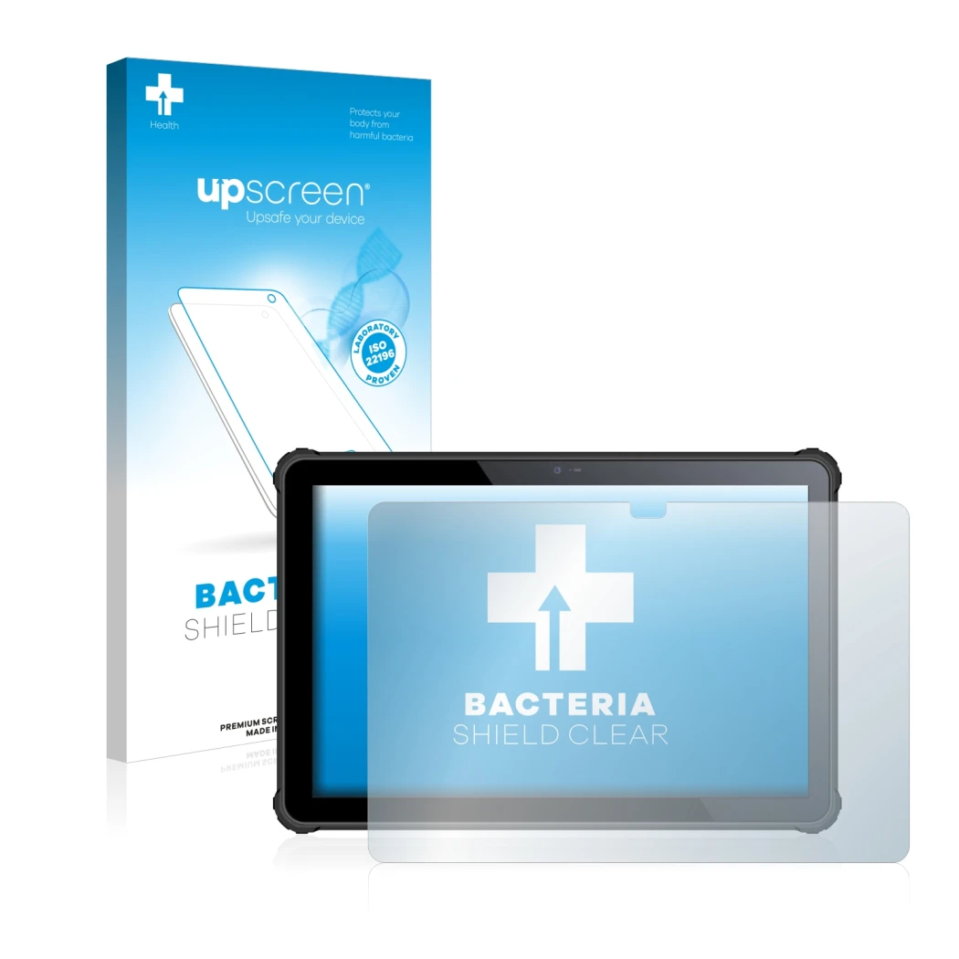 Parte frontal de un envase de producto con el logotipo de la marca upscreen. Al lado se muestra el dispositivo Oukitel RT2 con