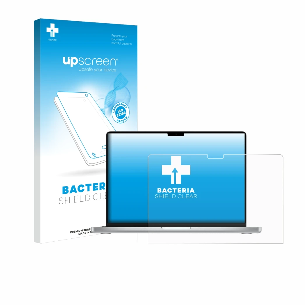 Parte frontal de un envase de producto con el logotipo de la marca upscreen. Al lado se muestra el dispositivo Apple MacBook P