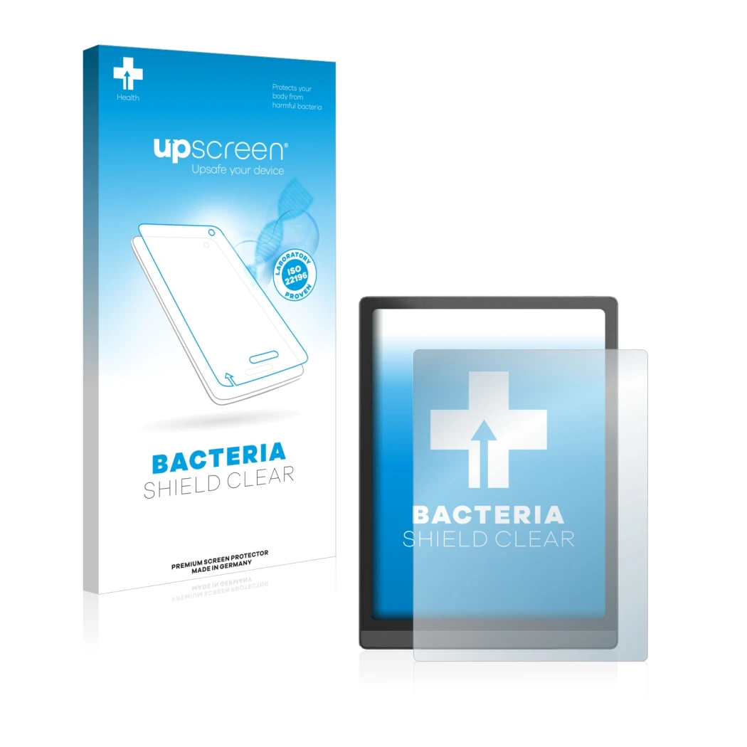 Parte frontal de un envase de producto con el logotipo de la marca upscreen. Al lado se muestra el dispositivo Boox Tab X con
