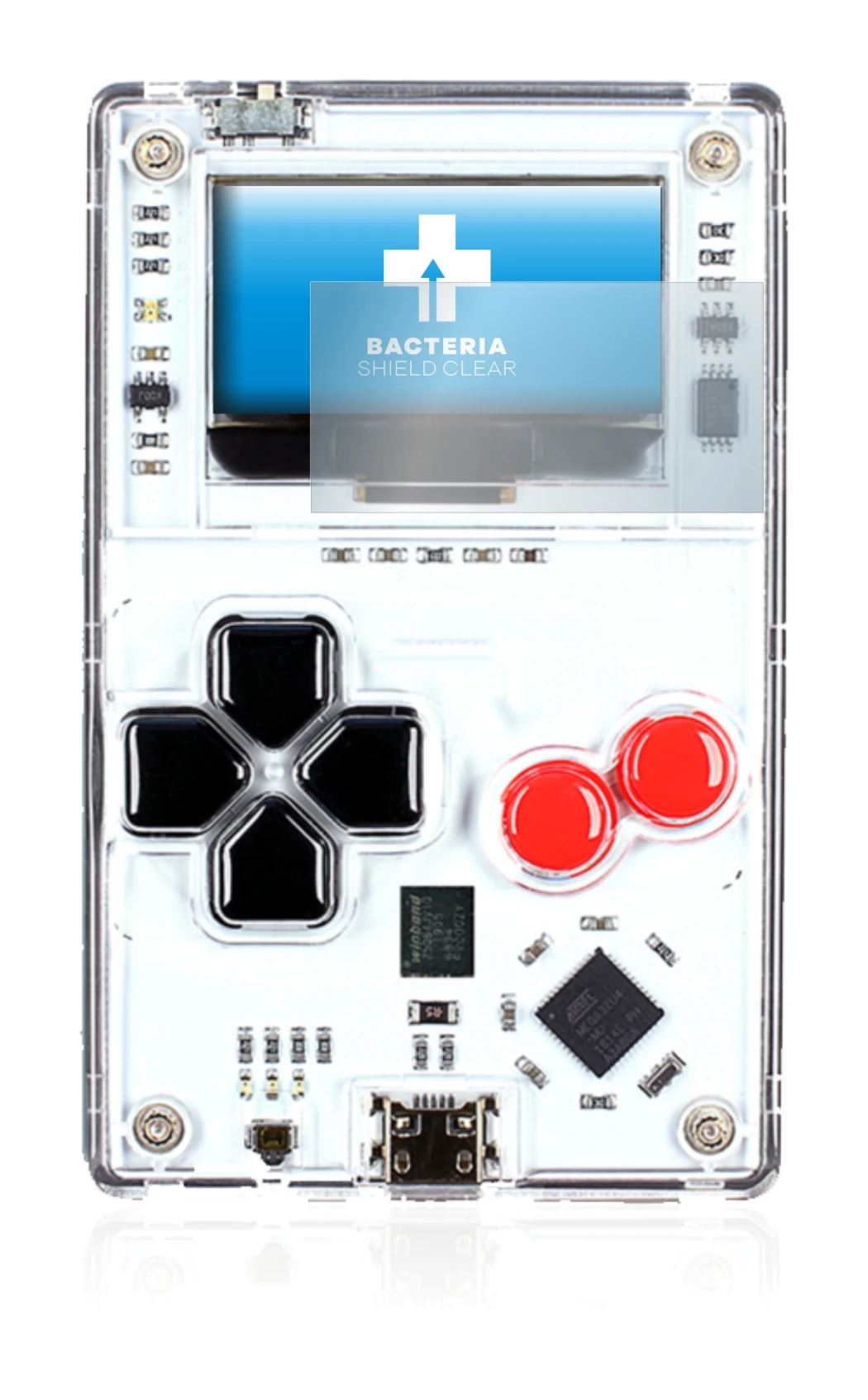 Imagen del dispositivo Arduboy FX con una amplia variedad de protectores de pantalla.