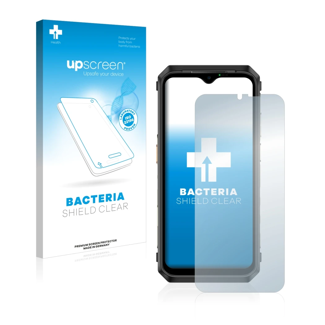 Parte frontal de un envase de producto con el logotipo de la marca upscreen. Al lado se muestra el dispositivo Ulefone Power A