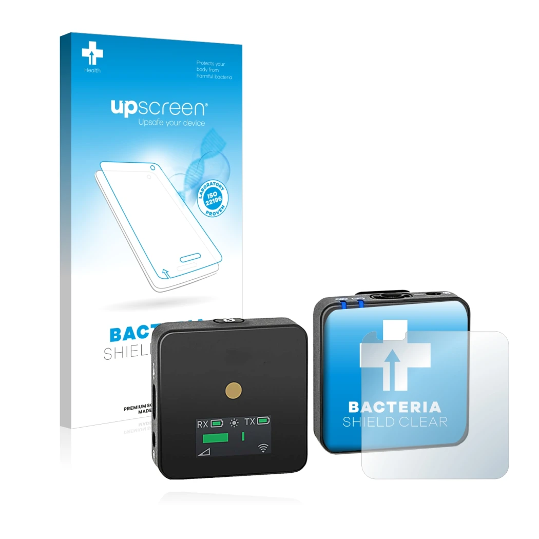 Parte frontal de un envase de producto con el logotipo de la marca upscreen. Al lado se muestra el dispositivo Rode Wireless G
