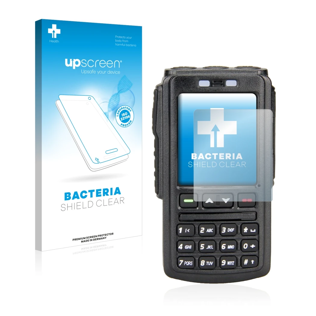 Parte frontal de un envase de producto con el logotipo de la marca upscreen. Al lado se muestra el dispositivo AnyTone BT-01 c